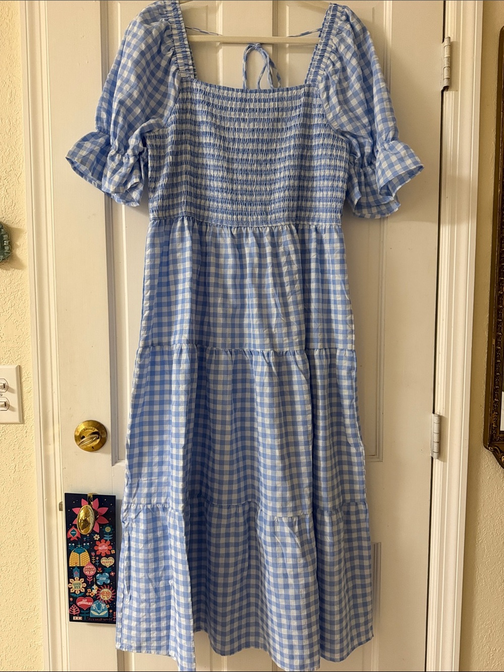 Smocked Gingham Dress in Light Blue